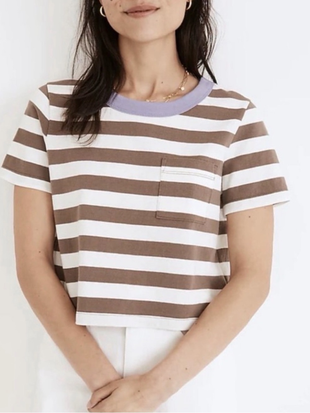 MADEWELL CASTLEROCK STRIPED ORGANIC COTTON CROPPED POCKETTEE TOP